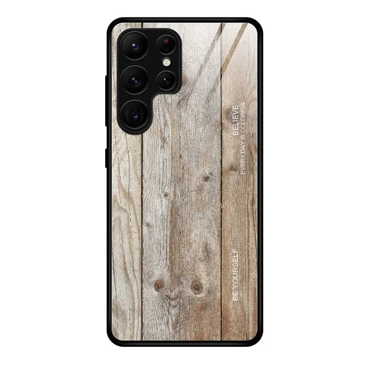 For Samsung Galaxy S24 Ultra Case Wood Texture Tempered Glass TPU Protective Phone Case