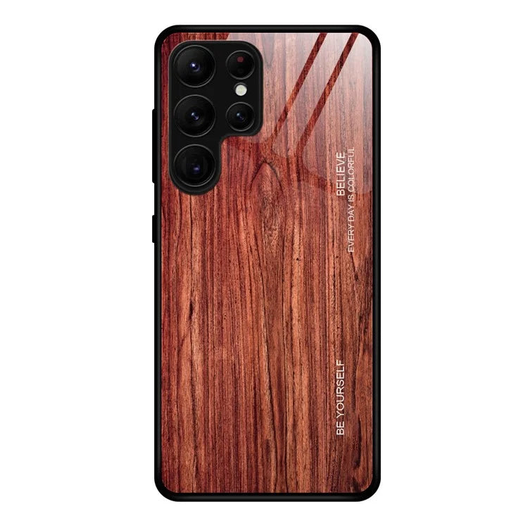 For Samsung Galaxy S24 Ultra Case Wood Texture Tempered Glass TPU Protective Phone Case
