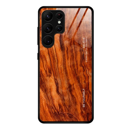 For Samsung Galaxy S24 Ultra Case Wood Texture Tempered Glass TPU Protective Phone Case