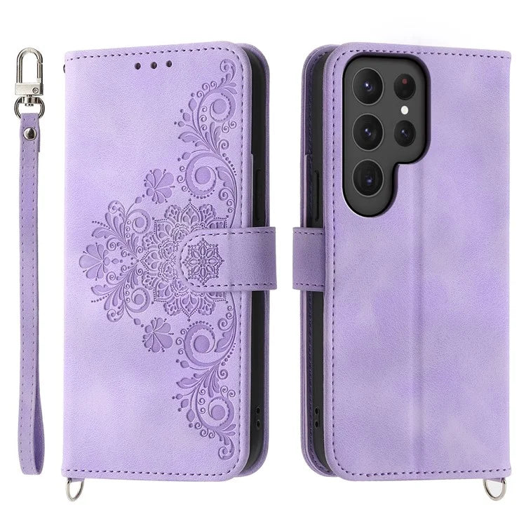 For Samsung Galaxy S24 Ultra Case Skin-touch Wallet Stand Leather Cover with Straps