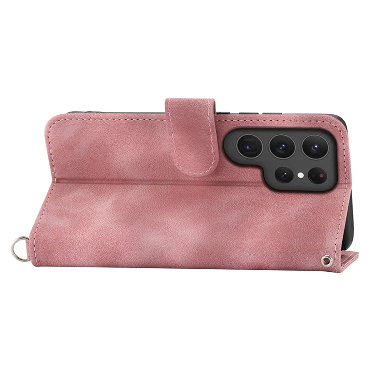 For Samsung Galaxy S24 Ultra Case Skin-touch Wallet Stand Leather Cover with Straps
