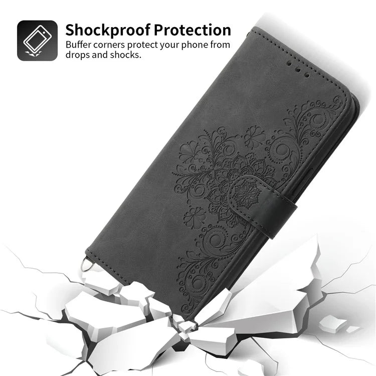 For Samsung Galaxy A25 5G (Global) (161.0 x 76.5 x 8.3mm) Case Flower Imprinted Phone Leather Cover with Straps