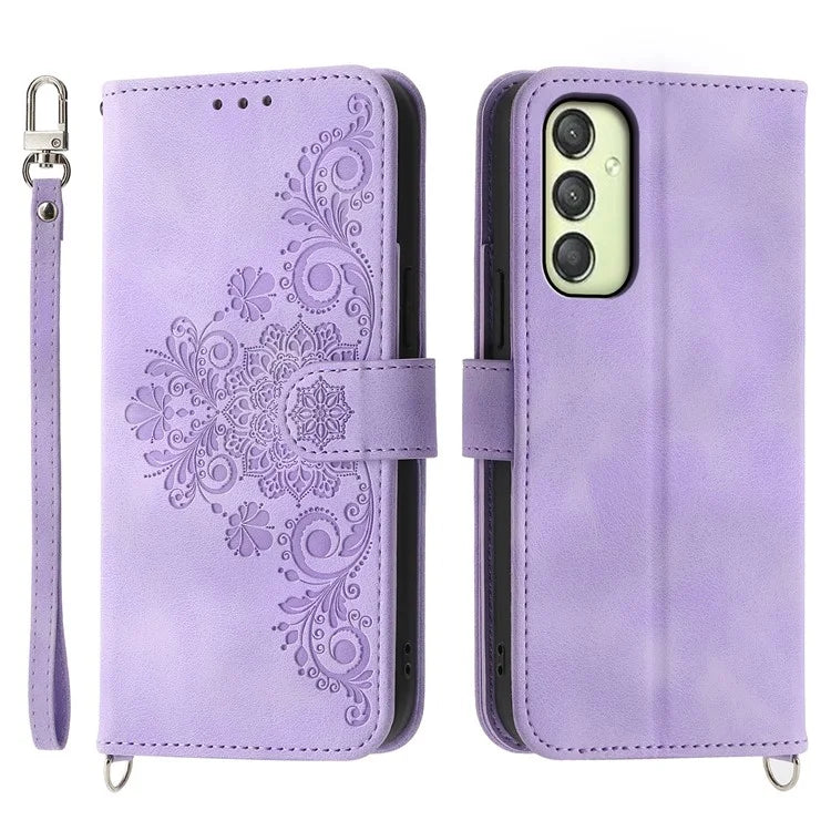 For Samsung Galaxy A25 5G (Global) (161.0 x 76.5 x 8.3mm) Case Flower Imprinted Phone Leather Cover with Straps