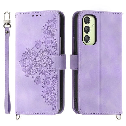 For Samsung Galaxy A25 5G (Global) (161.0 x 76.5 x 8.3mm) Case Flower Imprinted Phone Leather Cover with Straps