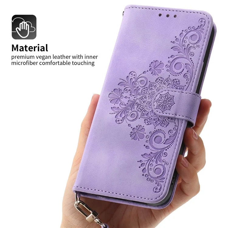 For Samsung Galaxy A25 5G (Global) (161.0 x 76.5 x 8.3mm) Case Flower Imprinted Phone Leather Cover with Straps