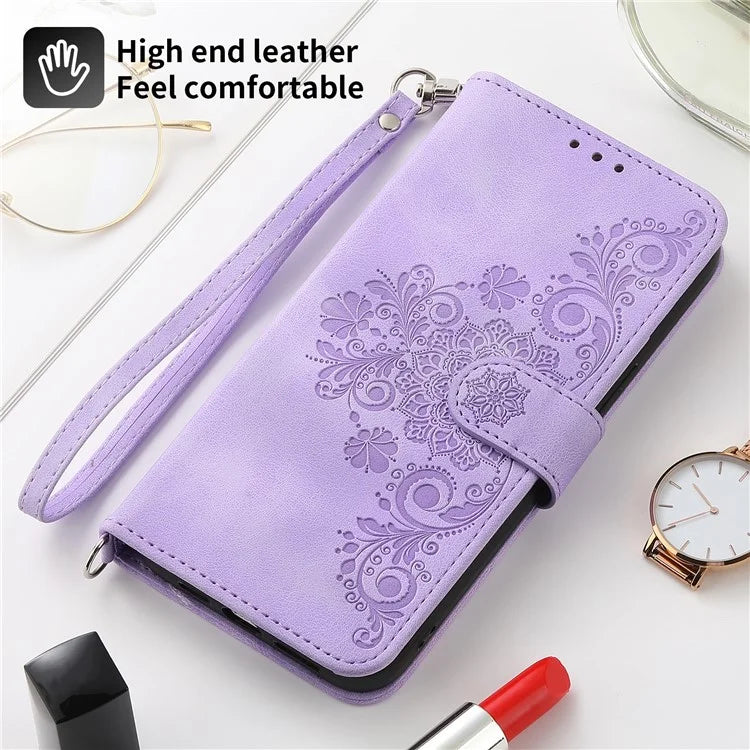 For Samsung Galaxy A25 5G (Global) (161.0 x 76.5 x 8.3mm) Case Flower Imprinted Phone Leather Cover with Straps