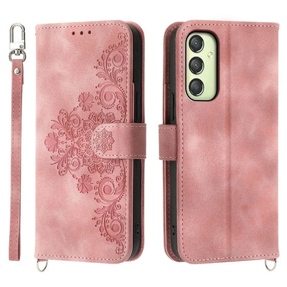 For Samsung Galaxy A25 5G (Global) (161.0 x 76.5 x 8.3mm) Case Flower Imprinted Phone Leather Cover with Straps