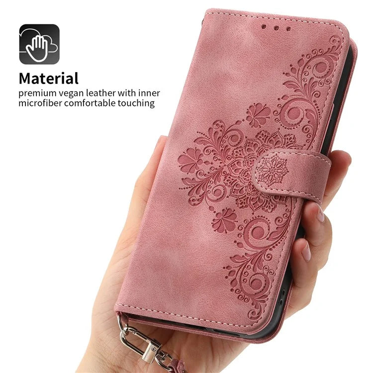 For Samsung Galaxy A25 5G (Global) (161.0 x 76.5 x 8.3mm) Case Flower Imprinted Phone Leather Cover with Straps