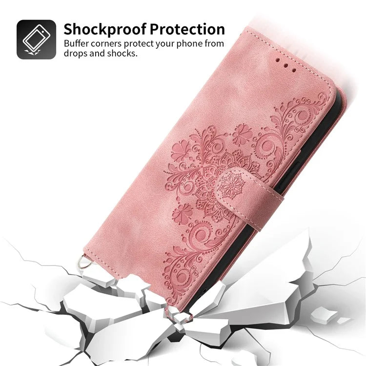 For Samsung Galaxy A25 5G (Global) (161.0 x 76.5 x 8.3mm) Case Flower Imprinted Phone Leather Cover with Straps
