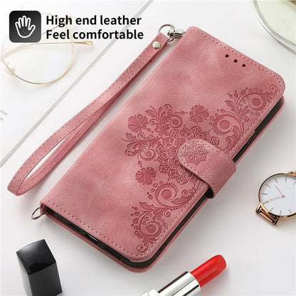 For Samsung Galaxy A25 5G (Global) (161.0 x 76.5 x 8.3mm) Case Flower Imprinted Phone Leather Cover with Straps