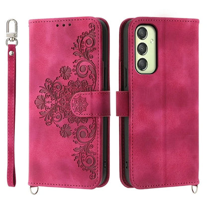 For Samsung Galaxy A25 5G (Global) (161.0 x 76.5 x 8.3mm) Case Flower Imprinted Phone Leather Cover with Straps