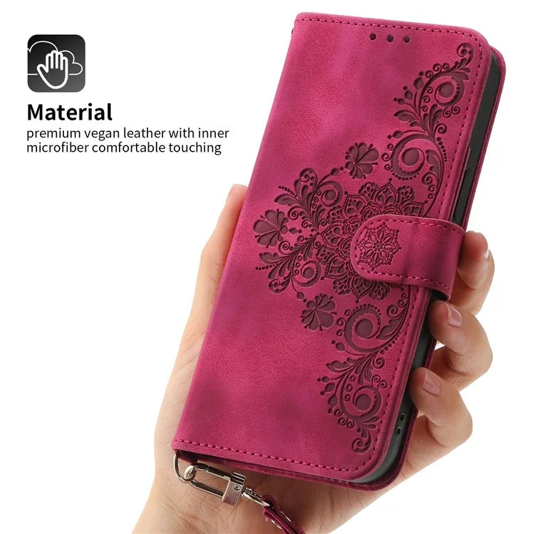 For Samsung Galaxy A25 5G (Global) (161.0 x 76.5 x 8.3mm) Case Flower Imprinted Phone Leather Cover with Straps