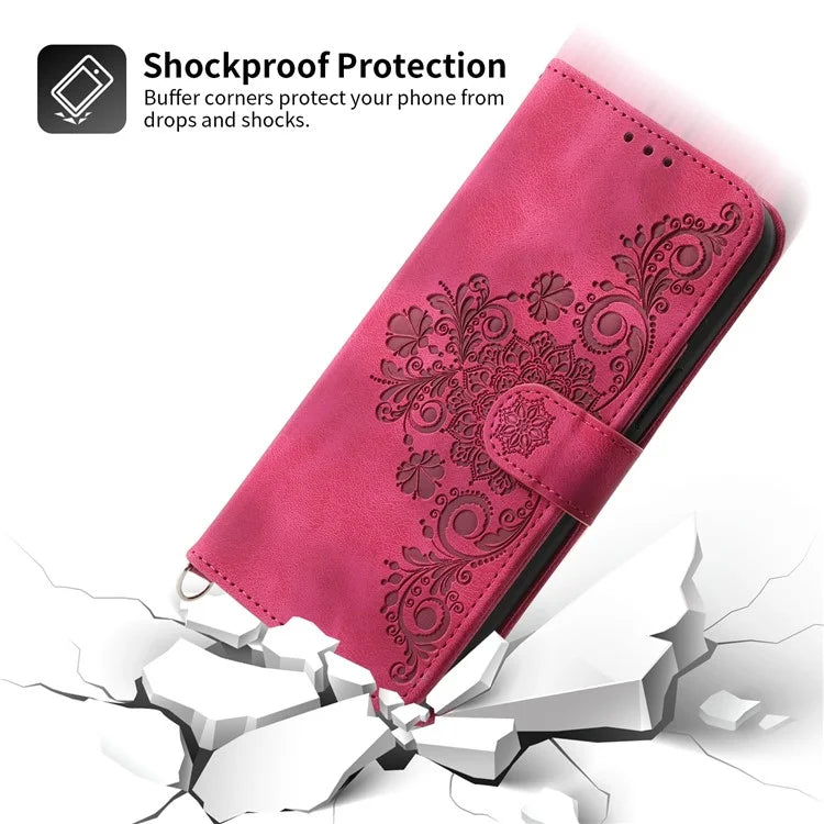 For Samsung Galaxy A25 5G (Global) (161.0 x 76.5 x 8.3mm) Case Flower Imprinted Phone Leather Cover with Straps