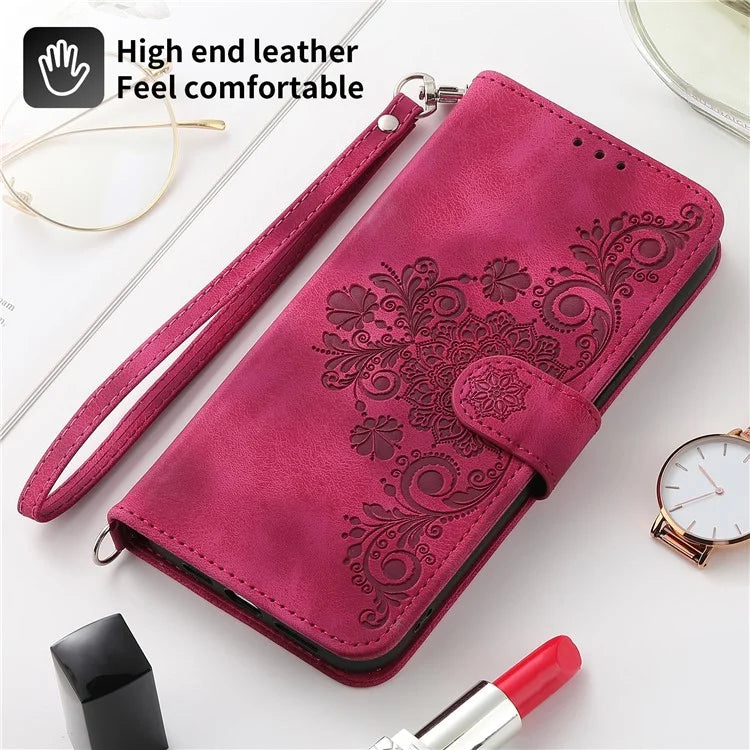 For Samsung Galaxy A25 5G (Global) (161.0 x 76.5 x 8.3mm) Case Flower Imprinted Phone Leather Cover with Straps