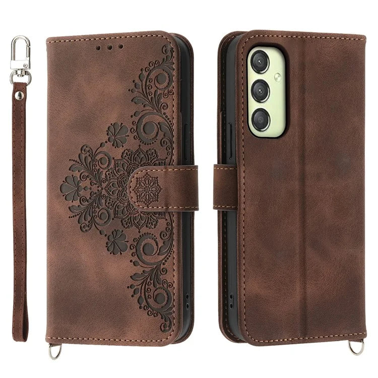 For Samsung Galaxy A25 5G (Global) (161.0 x 76.5 x 8.3mm) Case Flower Imprinted Phone Leather Cover with Straps