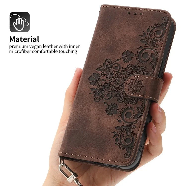 For Samsung Galaxy A25 5G (Global) (161.0 x 76.5 x 8.3mm) Case Flower Imprinted Phone Leather Cover with Straps