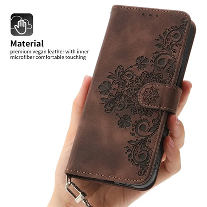 For Samsung Galaxy A25 5G (Global) (161.0 x 76.5 x 8.3mm) Case Flower Imprinted Phone Leather Cover with Straps