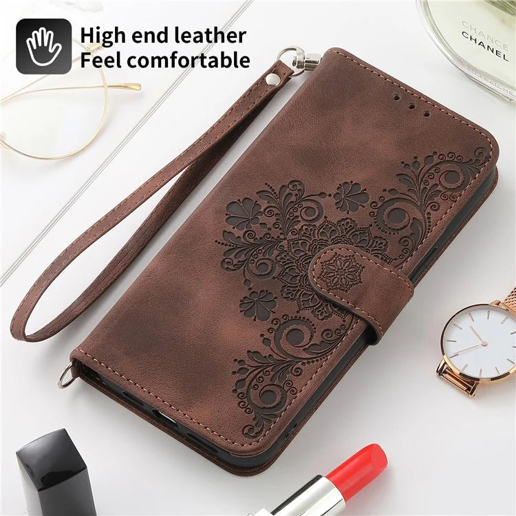 For Samsung Galaxy A25 5G (Global) (161.0 x 76.5 x 8.3mm) Case Flower Imprinted Phone Leather Cover with Straps