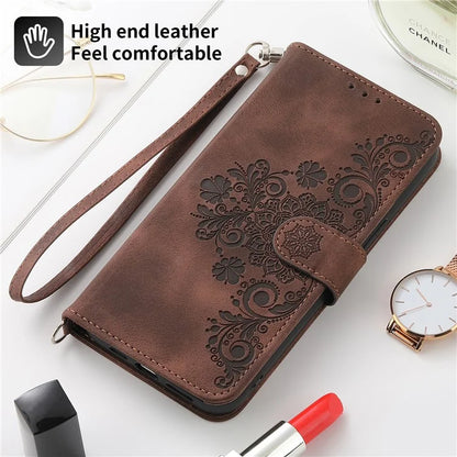 For Samsung Galaxy A25 5G (Global) (161.0 x 76.5 x 8.3mm) Case Flower Imprinted Phone Leather Cover with Straps