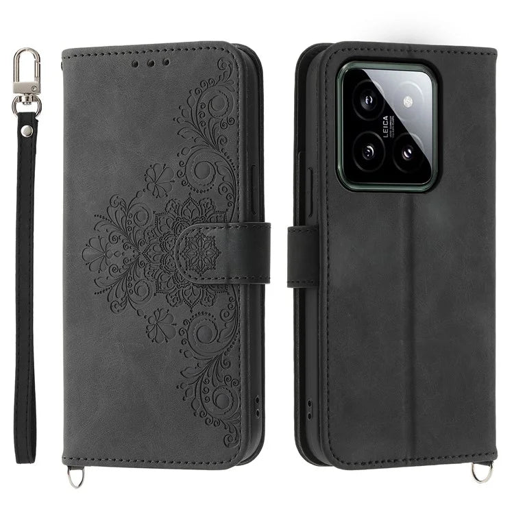 For Xiaomi 14 Case Wallet Imprinted Flower Leather Phone Cover with 2 Straps