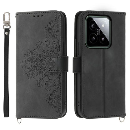 For Xiaomi 14 Case Wallet Imprinted Flower Leather Phone Cover with 2 Straps