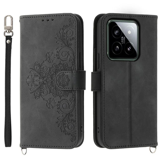 For Xiaomi 14 Case Wallet Imprinted Flower Leather Phone Cover with 2 Straps