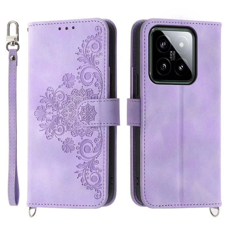 For Xiaomi 14 Case Wallet Imprinted Flower Leather Phone Cover with 2 Straps