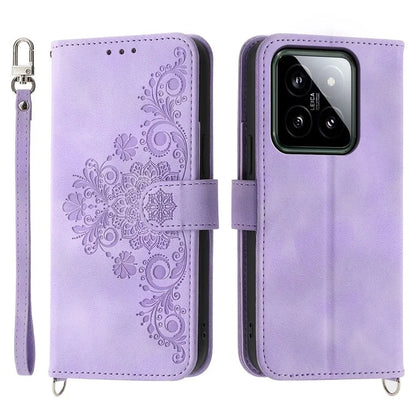 For Xiaomi 14 Case Wallet Imprinted Flower Leather Phone Cover with 2 Straps