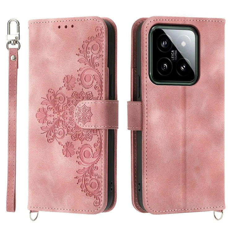 For Xiaomi 14 Case Wallet Imprinted Flower Leather Phone Cover with 2 Straps