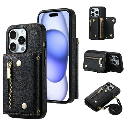 DF-09 For iPhone 15 Pro Crossbody Phone Case Card Slots Zipper Pocket Kickstand Cover