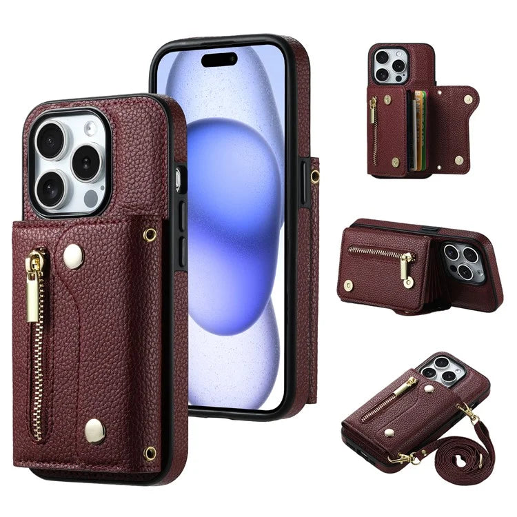 DF-09 For iPhone 15 Pro Crossbody Phone Case Card Slots Zipper Pocket Kickstand Cover