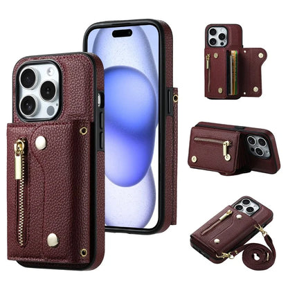 DF-09 For iPhone 15 Pro Crossbody Phone Case Card Slots Zipper Pocket Kickstand Cover