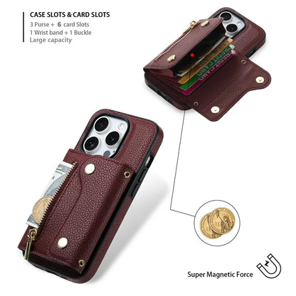 DF-09 For iPhone 15 Pro Crossbody Phone Case Card Slots Zipper Pocket Kickstand Cover