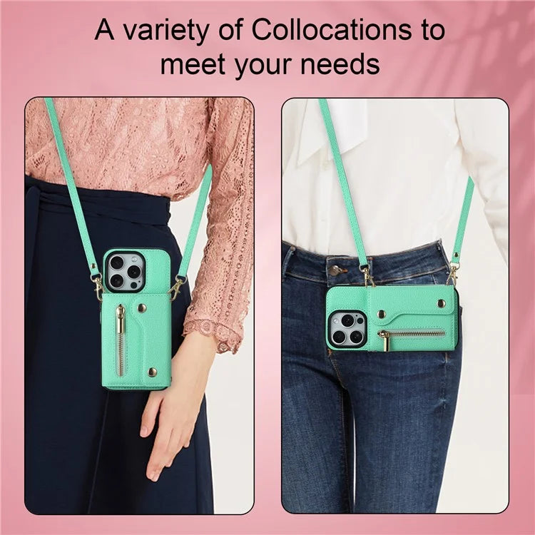 DF-09 For iPhone 15 Pro Crossbody Phone Case Card Slots Zipper Pocket Kickstand Cover