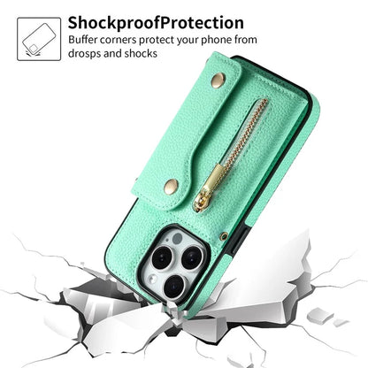 DF-09 For iPhone 15 Pro Crossbody Phone Case Card Slots Zipper Pocket Kickstand Cover