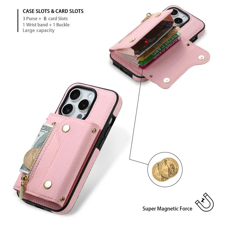 DF-09 For iPhone 15 Pro Crossbody Phone Case Card Slots Zipper Pocket Kickstand Cover