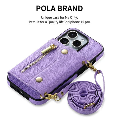 DF-09 For iPhone 15 Pro Crossbody Phone Case Card Slots Zipper Pocket Kickstand Cover