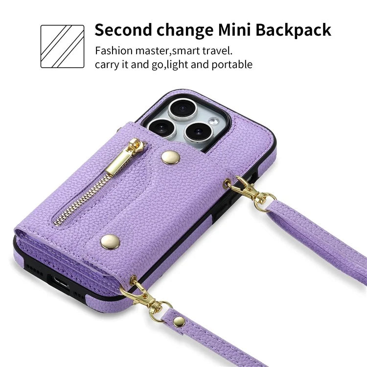 DF-09 For iPhone 15 Pro Crossbody Phone Case Card Slots Zipper Pocket Kickstand Cover