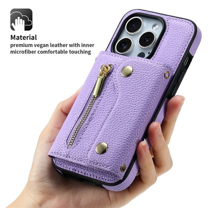 DF-09 For iPhone 15 Pro Crossbody Phone Case Card Slots Zipper Pocket Kickstand Cover
