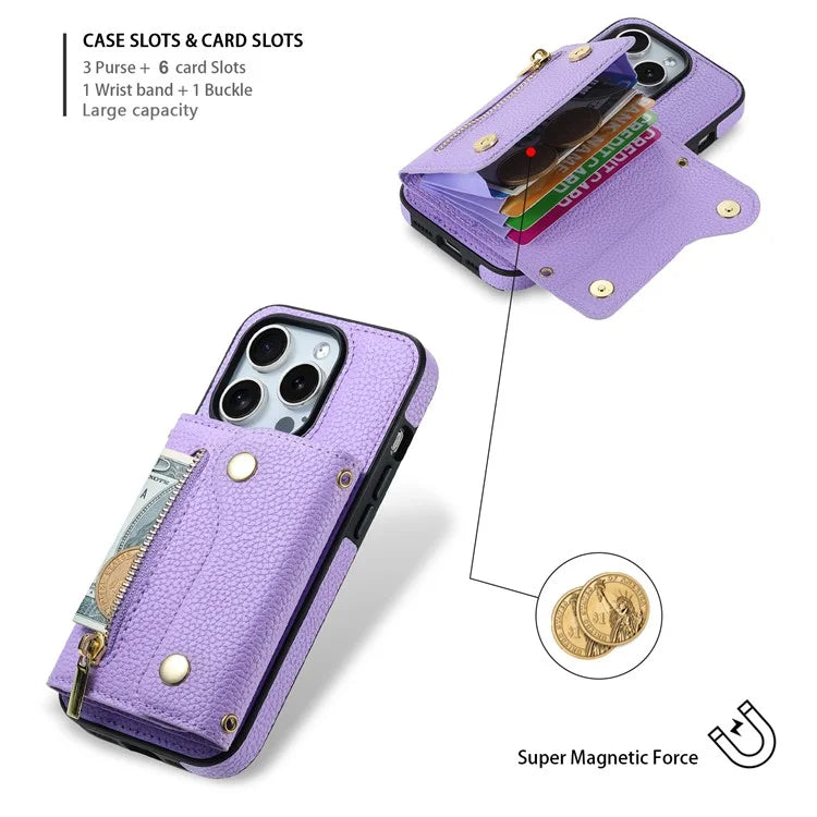 DF-09 For iPhone 15 Pro Crossbody Phone Case Card Slots Zipper Pocket Kickstand Cover