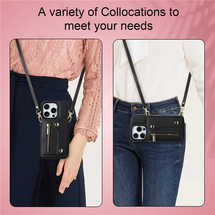 DF-09 For iPhone 14 Pro Phone Case Crossbody Zipper Purse Card Slots Cover