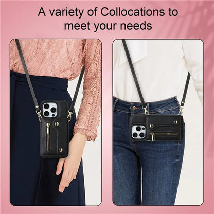 DF-09 For iPhone 14 Pro Phone Case Crossbody Zipper Purse Card Slots Cover