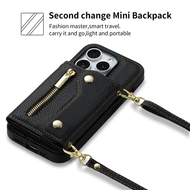 DF-09 For iPhone 14 Pro Phone Case Crossbody Zipper Purse Card Slots Cover