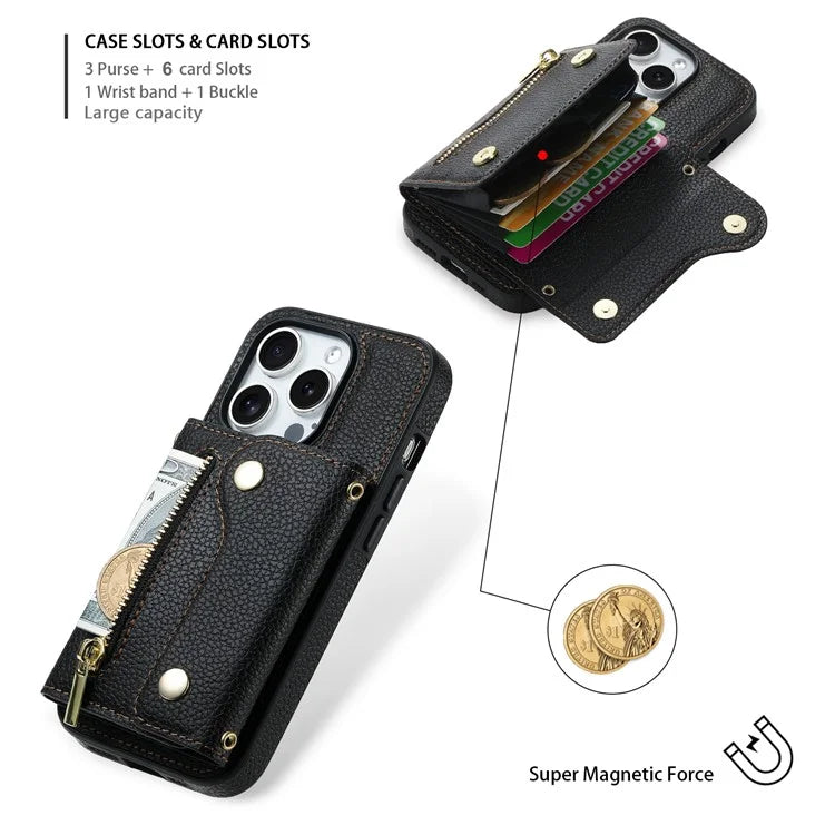 DF-09 For iPhone 14 Pro Phone Case Crossbody Zipper Purse Card Slots Cover