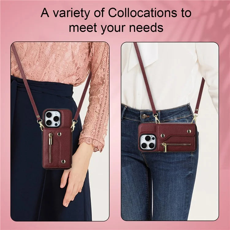 DF-09 For iPhone 14 Pro Phone Case Crossbody Zipper Purse Card Slots Cover