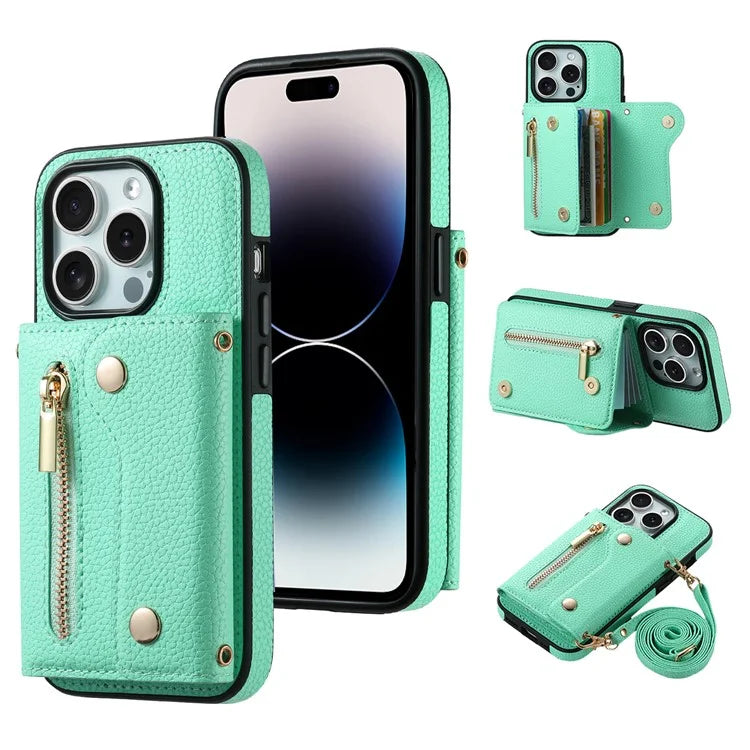 DF-09 For iPhone 14 Pro Phone Case Crossbody Zipper Purse Card Slots Cover