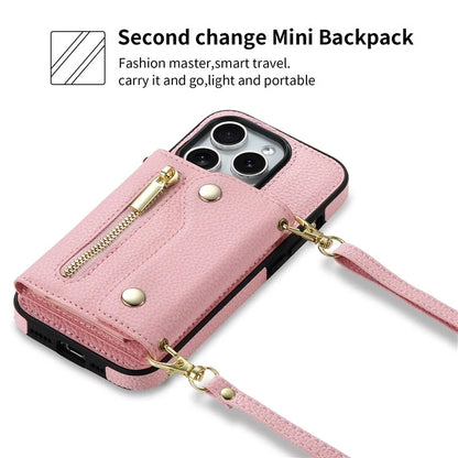 DF-09 For iPhone 14 Pro Phone Case Crossbody Zipper Purse Card Slots Cover