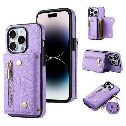DF-09 For iPhone 14 Pro Phone Case Crossbody Zipper Purse Card Slots Cover