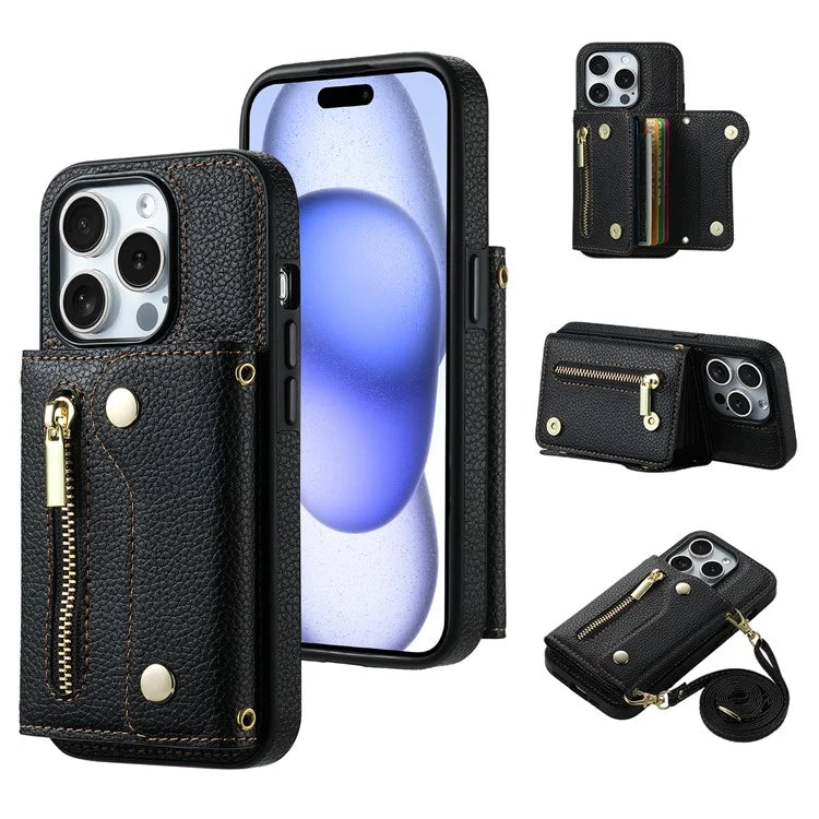 DF-09 For iPhone 15 Pro Max Phone Case PU Leather Zipper Kickstand Back Cover