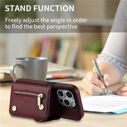 DF-09 For iPhone 15 Pro Max Phone Case PU Leather Zipper Kickstand Back Cover
